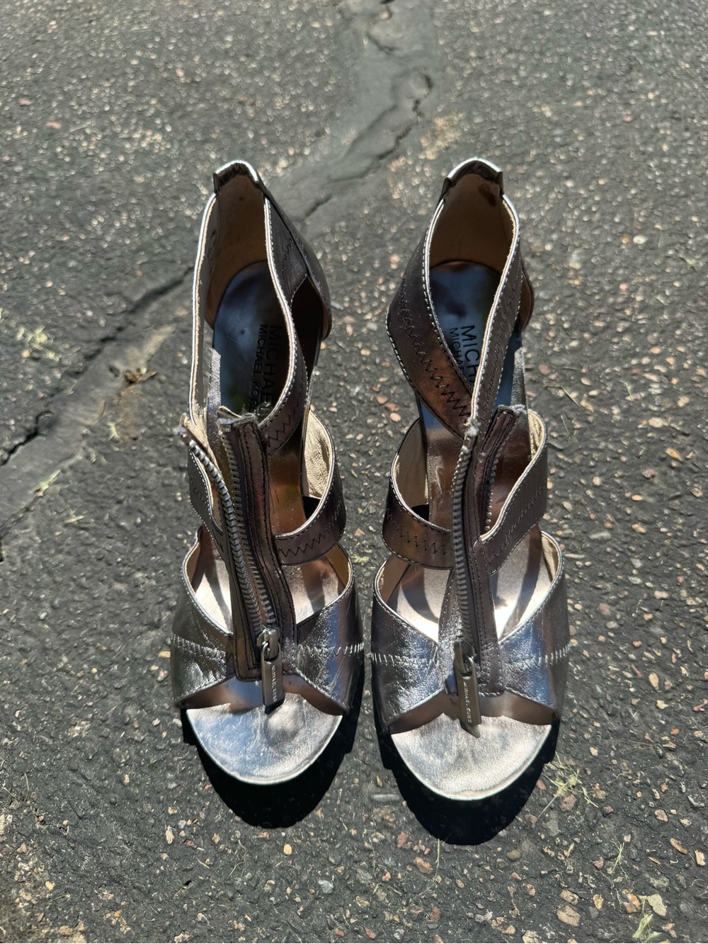 MICHAEL Michael Kors Metallic Silver Zip-Strap High Heel Sandals